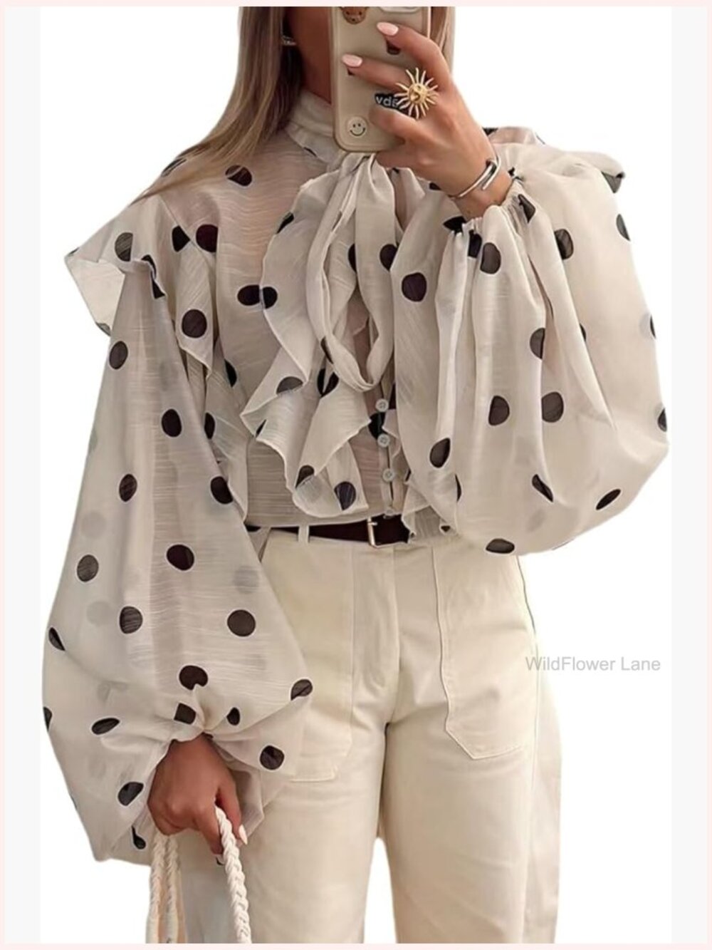 Ruffled Tie Neck Balloon Sleeve Blouse Sheer Vintage Chic Going Out Top - Picture 1 of 6